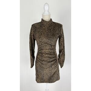 Zara Corduroy Animal Print Long Sleeve Ruched Mini Dress Womens Size XS Leopard